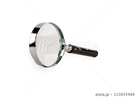 Magnifying glass with black handle, insulated on white. Front view Magnifying glass with black handle, insulated on white. Front view 113035489