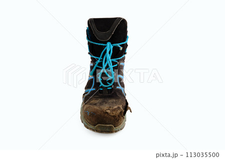 An old worn shoe top view on a white background 113035500