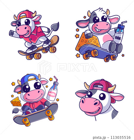 Cute cow wearing a hat and playing skateboard set Cute cow wearing a hat and playing skateboard set 113035516