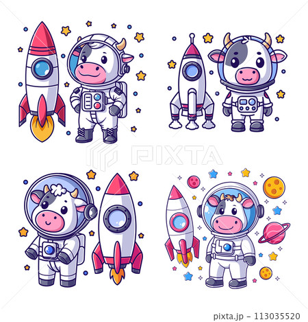 Cute cow wearing astronaut suit with rocket set 113035520