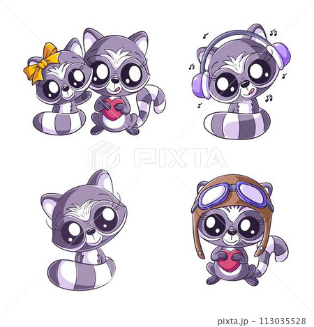 Cute raccoon, hand drawn style set Cute raccoon, hand drawn style set 113035528