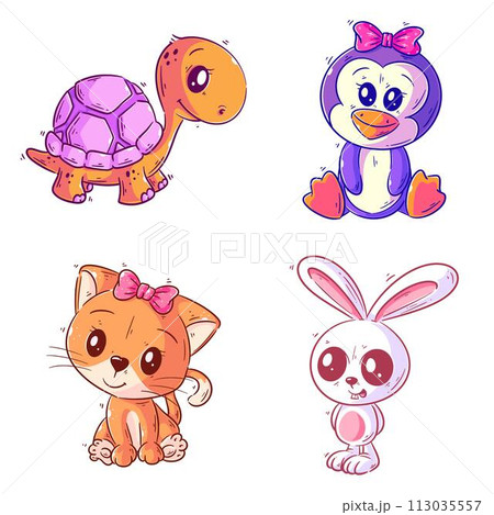Cute turtles, cat, rabbit and penguins, hand...のイラスト素材 [113035557] - PIXTA