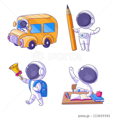 Cute astronaut going to school, cartoon style set 113035591