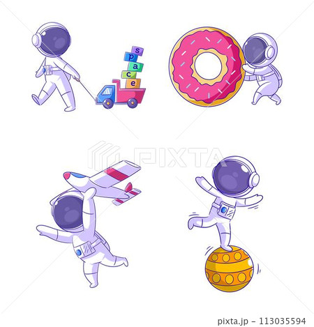 Cute astronaut playing with his toys, cartoon style set Cute astronaut playing with his toys, cartoon style set 113035594