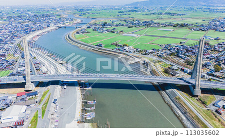 ドローンで撮影した矢部川大橋 113035602