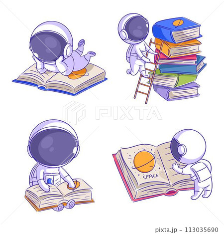 Cute astronaut reading a book, cartoon style set Cute astronaut reading a book, cartoon style set 113035690