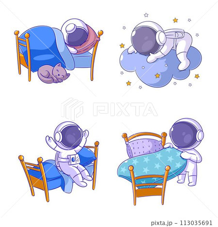 Cute astronaut sleeping, cartoon style set Cute astronaut sleeping, cartoon style set 113035691