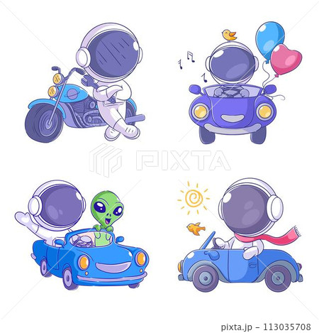 Cute astronaut and vehicle cartoon style set Cute astronaut and vehicle cartoon style set 113035708