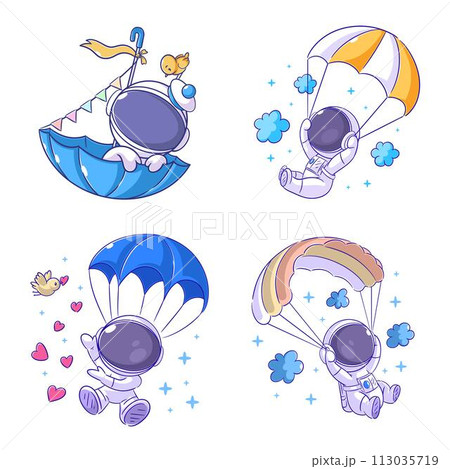 Cute astronaut playing with parachute in cartoon style set Cute astronaut playing with parachute in cartoon style set 113035719
