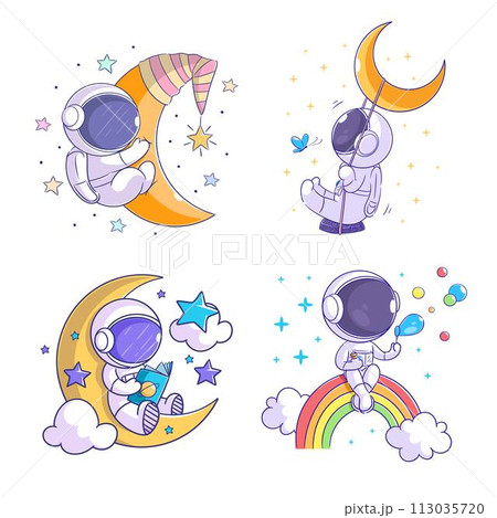 Cute astronaut sitting on the moon cartoon style set Cute astronaut sitting on the moon cartoon style set 113035720