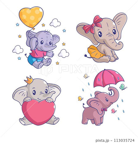 Cute elephant cartoon style set Cute elephant cartoon style set 113035724