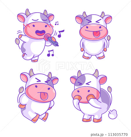 Cow singing in cartoon style set 113035770