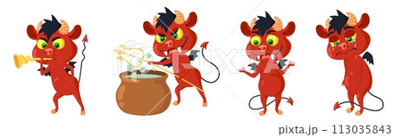Cute small horned devil cartoon characters emoji isolated set Cute small horned devil cartoon characters emoji isolated set 113035843