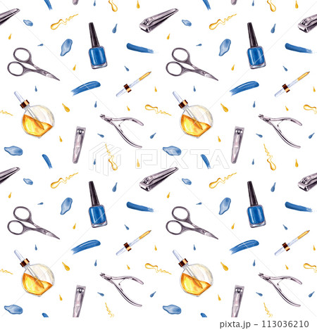 Manicure instruments with splashes. Nail blue polish, trimmer, cuticle scissors, clippers. Glass Vial with cosmetic oil. Seamless pattern on white. Watercolor illustration for package, textile 113036210