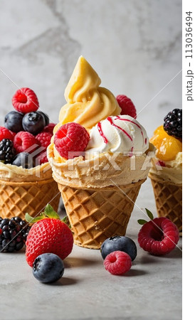A vibrant assortment of creamy, pastel-colored ice cream flavors, each nestled in a crispy waffle cone and topped with a medley of fresh berries and fruits. 113036494