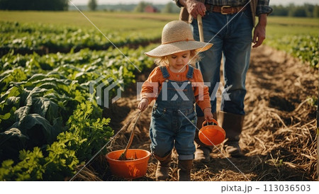 A little farm boy on an eco-farm is harvesting crops on a beautiful sunny day. A little farm boy on an eco-farm is harvesting crops on a beautiful sunny day. 113036503