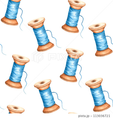 Seamless pattern with wooden spool of thread for clothing production. Hand drawn watercolor illustration of a reel for background design, packaging for needlework. Poster or banner for the website 113036721