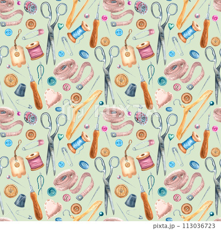 Seamless pattern on a colored background with scissors, spools of threads, pins, tape measure, thimble, buttons, hanger and needle. Hand drawn watercolor illustration for print, textile design, cards Seamless pattern on a colored background with scissors, spools of threads, pins, tape measure, thimble, buttons, hanger and needle. Hand drawn watercolor illustration for print, textile design, cards 113036723