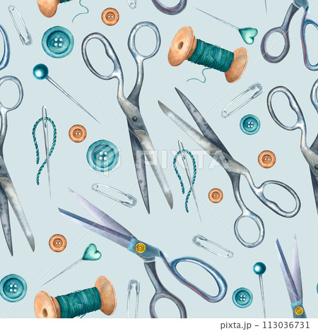 Seamless pattern on a colored background with scissors, spools of threads, safety pins, buttons, needles. Hand drawn watercolor illustration for wrapping paper, packaging, wallpaper, textile design. 113036731