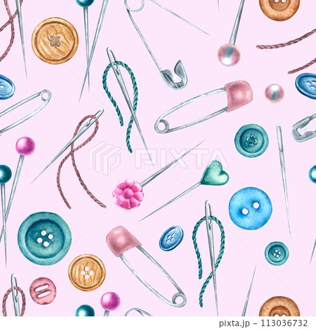 Watercolor pattern on a colored background with buttons, needles with threads, different sewing pins, flat plastic head and safety pin. For prints, cards, wrapping paper, wallpaper, textile design Watercolor pattern on a colored background with buttons, needles with threads, different sewing pins, flat plastic head and safety pin. For prints, cards, wrapping paper, wallpaper, textile design 113036732