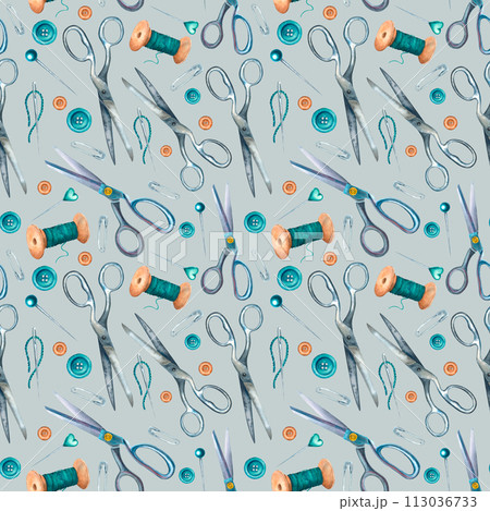 Seamless pattern on a colored background with scissors, spools of threads, safety pins, buttons, needles. Hand drawn watercolor illustration for wrapping paper, packaging, wallpaper, textile design 113036733