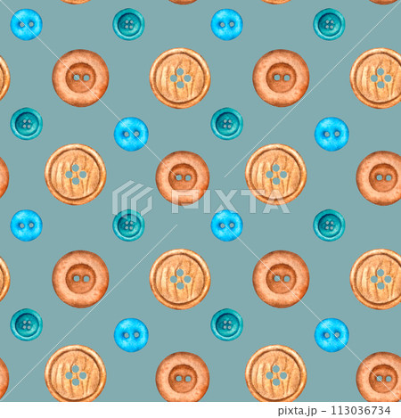 Seamless pattern on a colored background with wooden buttons in brown, blue and turquoise. Hand drawn watercolor illustration for design on fabric and background, wrapping paper, packaging, wallpaper 113036734