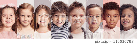 Collage made of close up photos of cute, little children of different races looking at camera against pastel color studio background. Collage made of close up photos of cute, little children of different races looking at camera against pastel color studio background. 113036798