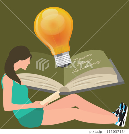 never stop learning, girl reads book, light bulb shines never stop learning, girl reads book, light bulb shines 113037184