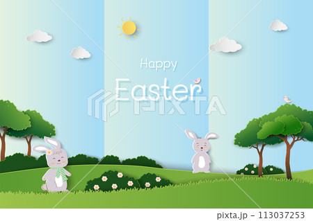 Happy Easter background with cute rabbits happy in the garden Happy Easter background with cute rabbits happy in the garden 113037253