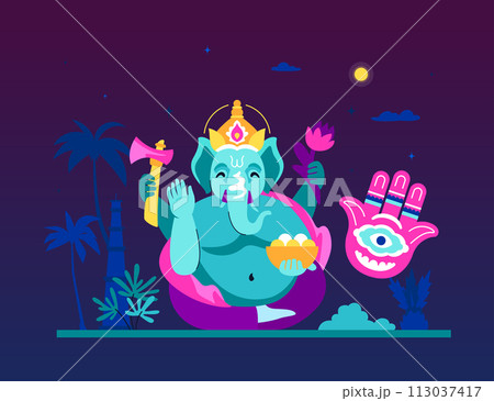 Ganesha and Hamsa Amulet - modern colored vector illustration Ganesha and Hamsa Amulet - modern colored vector illustration 113037417
