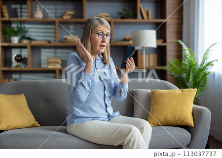 Mature lady showing confusion and disappointment while using her mobile phone, sitting on the couch in a cozy living room. Mature lady showing confusion and disappointment while using her mobile phone, sitting on the couch in a cozy living room. 113037737