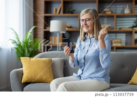 A senior woman on the sofa cheers with a clenched fist, looking at her smartphone, embodying joy and success. 113037739