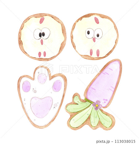 Hand drawn watercolor easter chick rabbit and carrot biscuits isolated on white background. Can be used for cards, label and other printed products. Hand drawn watercolor easter chick rabbit and carrot biscuits isolated on white background. Can be used for cards, label and other printed products. 113038015