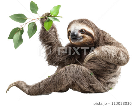 Sloth with Green Eucalyptus Leaves Branch Isolated 113038030