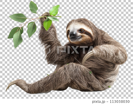Sloth with Green Eucalyptus Leaves Branch Isolated 113038030