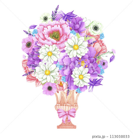 Hand drawn watercolor flowers bouquet with vintage vase isolated on white background. Can be used for post card, label and other printed products. Hand drawn watercolor flowers bouquet with vintage vase isolated on white background. Can be used for post card, label and other printed products. 113038033