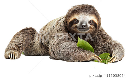Isolated Smiling Sloth with Eucalyptus Leaf 113038034