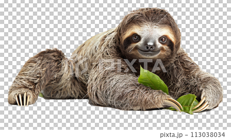 Isolated Smiling Sloth with Eucalyptus Leaf 113038034
