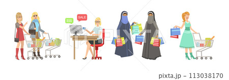 People Character with Shopping Bags Enjoy Sale Vector Set 113038170
