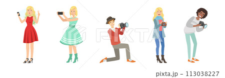 People Character Take Selfie and Pose for Photo Vector Set 113038227