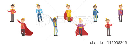 Cute Little Boy Prince with Golden Crown on Head Vector Set 113038246
