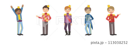 Cute Little Boy Prince with Golden Crown on Head Vector Set 113038252