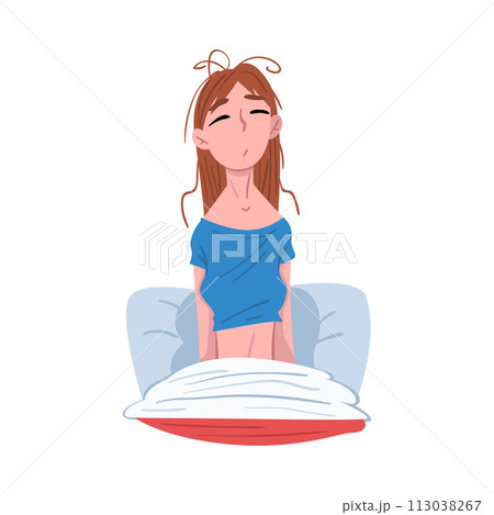 Sleepy Young Woman Sitting in her Bed after Waking Up, People Activity Daily Routine Cartoon Style Vector Illustration on White Background 113038267