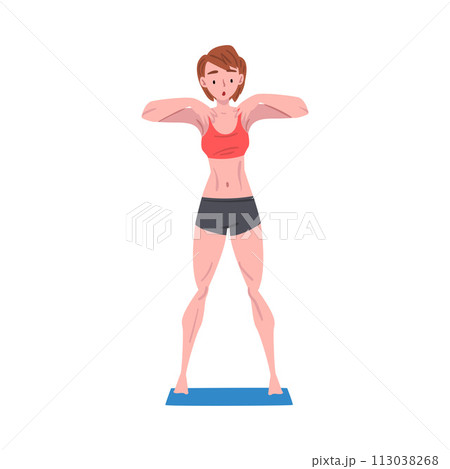 Young Woman Doing Morning Workout, People Activity Daily Routine Cartoon Style Vector Illustration on White Background Young Woman Doing Morning Workout, People Activity Daily Routine Cartoon Style Vector Illustration on White Background 113038268