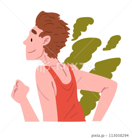 Young Man Running in City Park, Active and Healthy Lifestyle, Morning Jogging Cartoon Style Vector Illustration on White Background 113038294