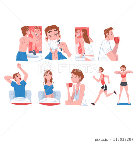 People Activity Morning Daily Routine Set, Men and Women Waking up, Brushing Teeth, Doing Morning Workout, Drinking Coffee Cartoon Style Vector Illustration 113038297