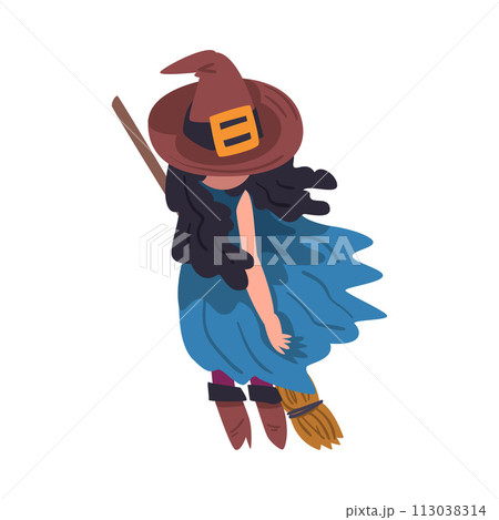 Lovely Girl Witch Standing with Broom Wearing Blue Dress and Brown Hat, Cute Halloween Cartoon Character Vector Illustration Lovely Girl Witch Standing with Broom Wearing Blue Dress and Brown Hat, Cute Halloween Cartoon Character Vector Illustration 113038314
