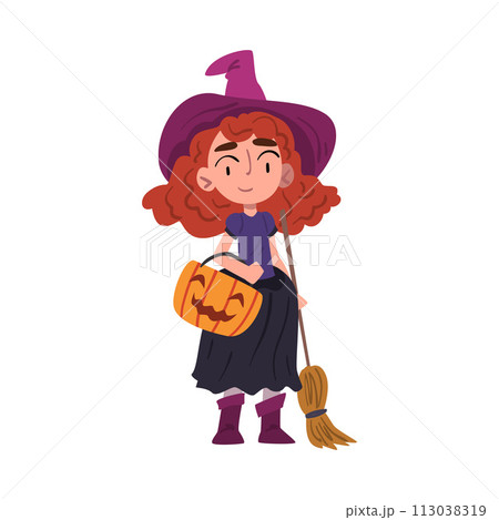 Red Haired Girl Witch Standing with Broom and Basket Made of Pumpkin, Cute Halloween Cartoon Character Vector Illustration 113038319