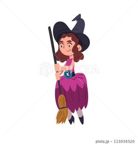 Lovely Girl Witch Standing with Broomstick Wearing Purple Dress and Hat Vector Illustration 113038320