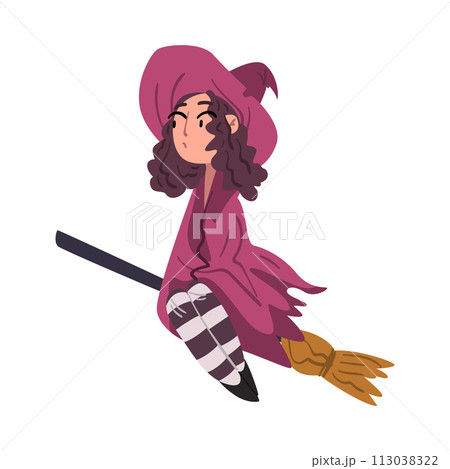 Girl Witch Flying with Broom Wearing Purple Cloak and Hat, Cute Halloween Cartoon Character Vector Illustration Girl Witch Flying with Broom Wearing Purple Cloak and Hat, Cute Halloween Cartoon Character Vector Illustration 113038322
